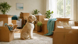 Chien stressé par un déménagement au milieu des cartons