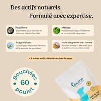 Infographie Blucove : actifs naturels du sachet — passiflore, mélisse, magnésium, huile de graines de chanvre