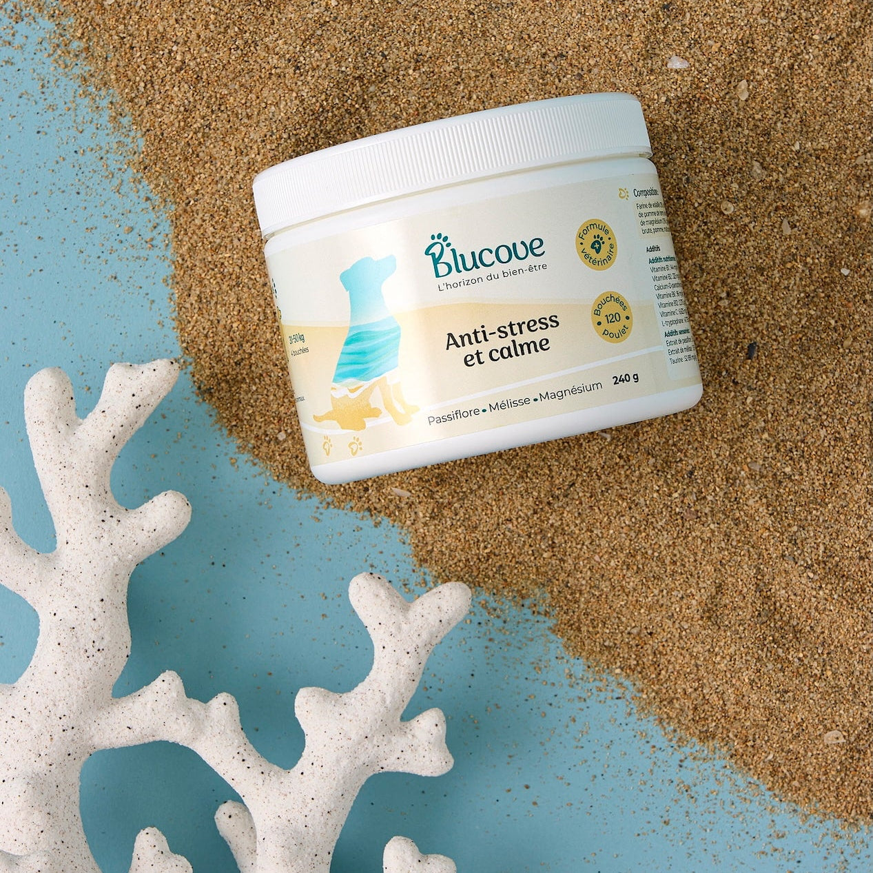 Pot de complément anti-stress et calme Blucove pour chien sur le sable, décor de plage