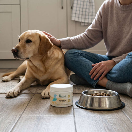 Personne caressant son labrador couché près de sa gamelle et d'un pot de complément anti-stress Blucove, dans une cuisine