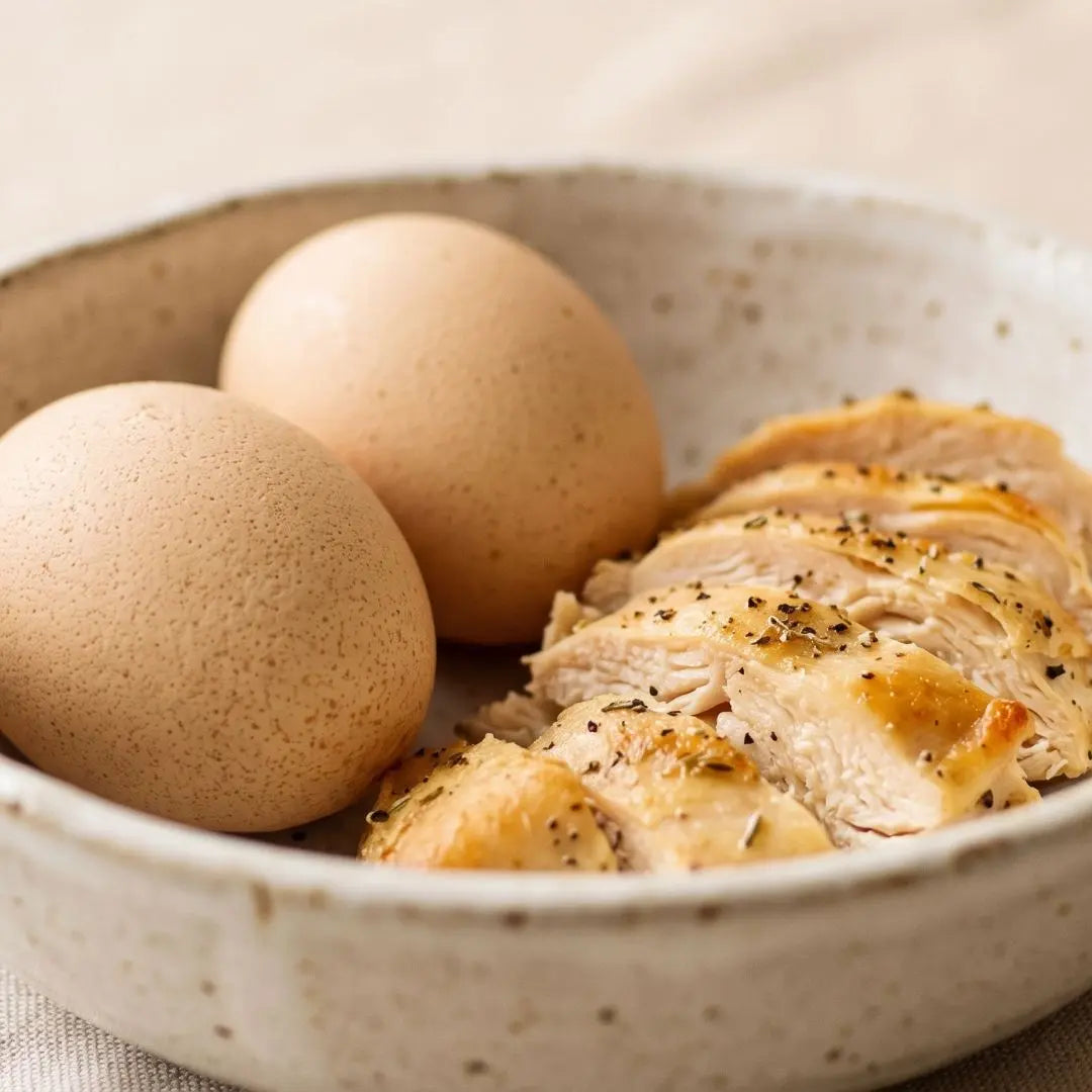Poulet et œufs, ingrédients des bouchées au poulet Blucove pour chien